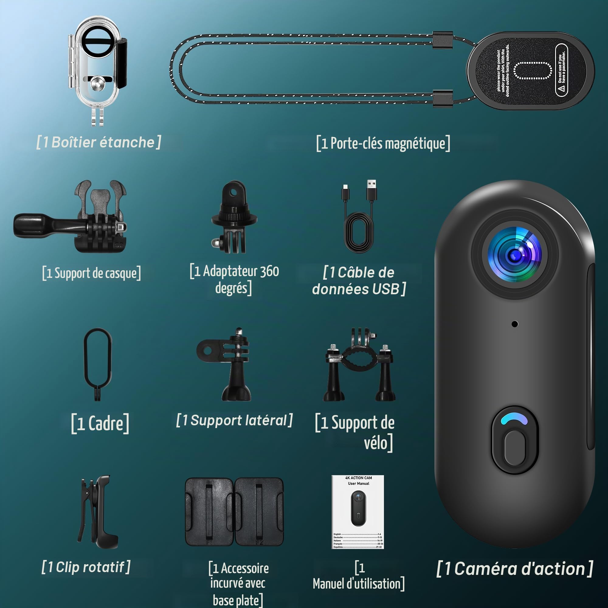 Action Cam WiFi, Mini Camera Sport 4K, caméra POV sous-Marine étanche jusqu'à 30 m, 360 ° pour Casque de vélo, caméra corporelle, bodycam, Camera Waterproof, Petite caméras
