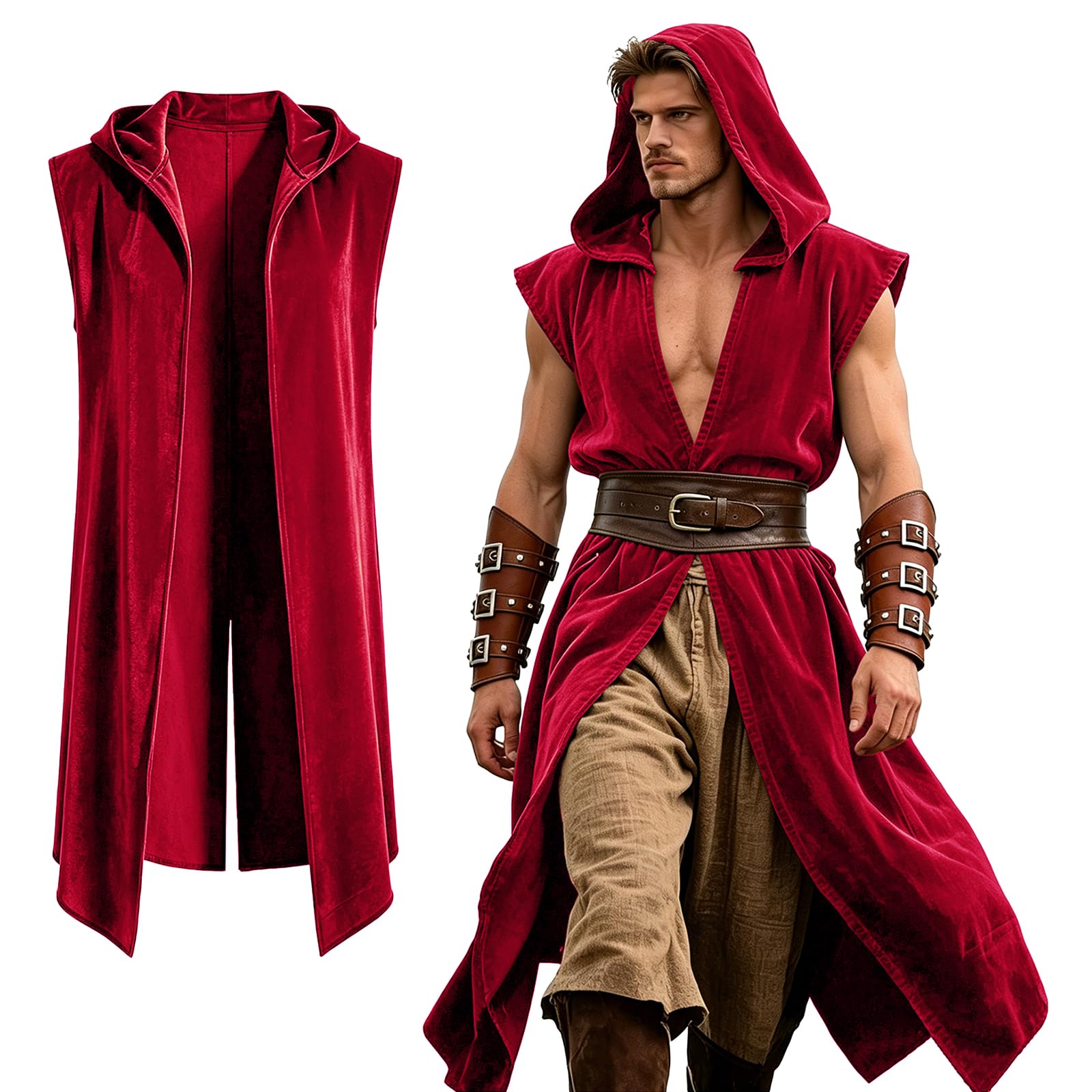 Medieval Hooded Vest Men Sleeveless Cloak Renaissance Tabard Sleeveless Tunic Viking Costume Halloween Assassin Cosplay Gothic Pirate Outfit for LARP Festival (Burgundy, M)