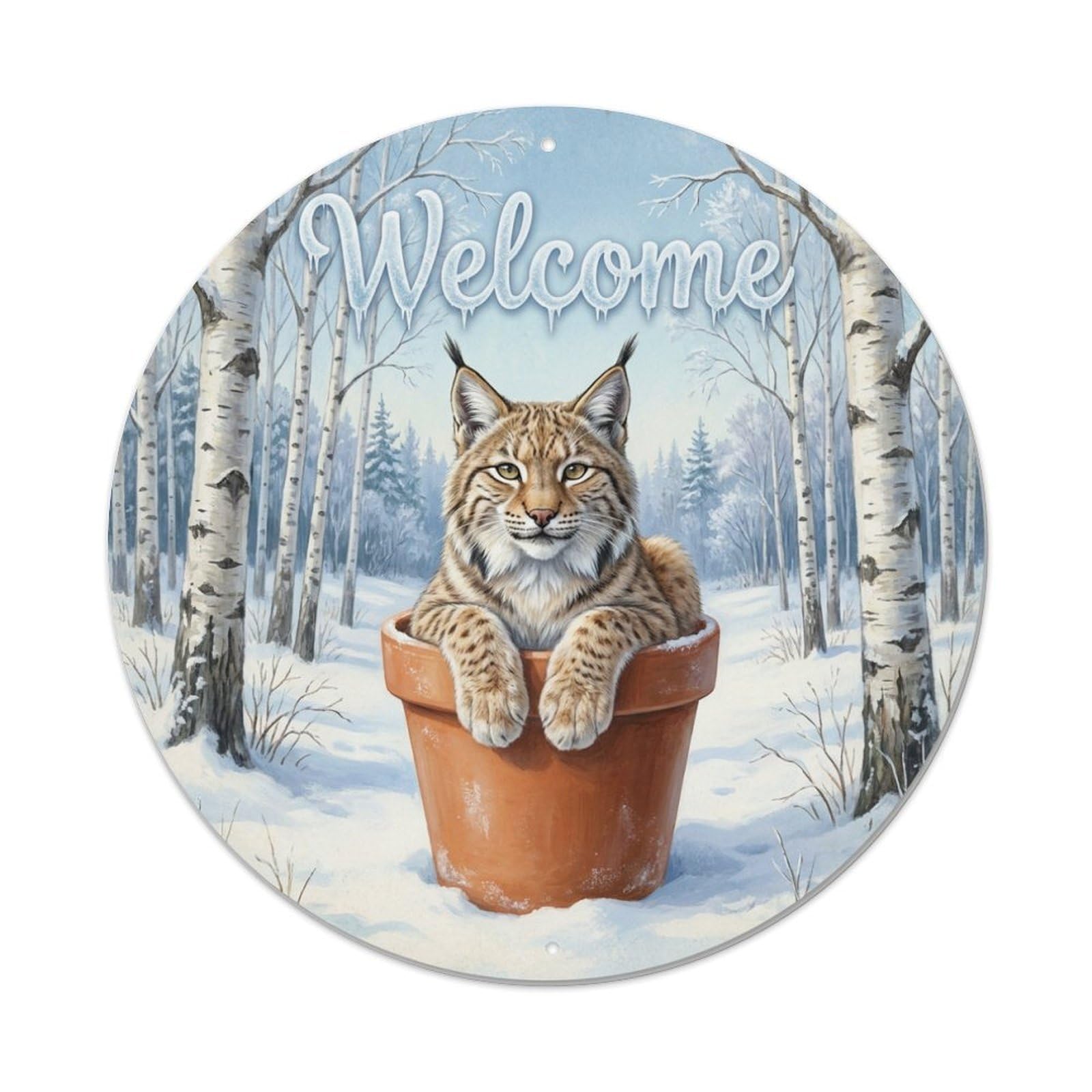 Welcome Lynx Snowy Birch Metal Tin Sign