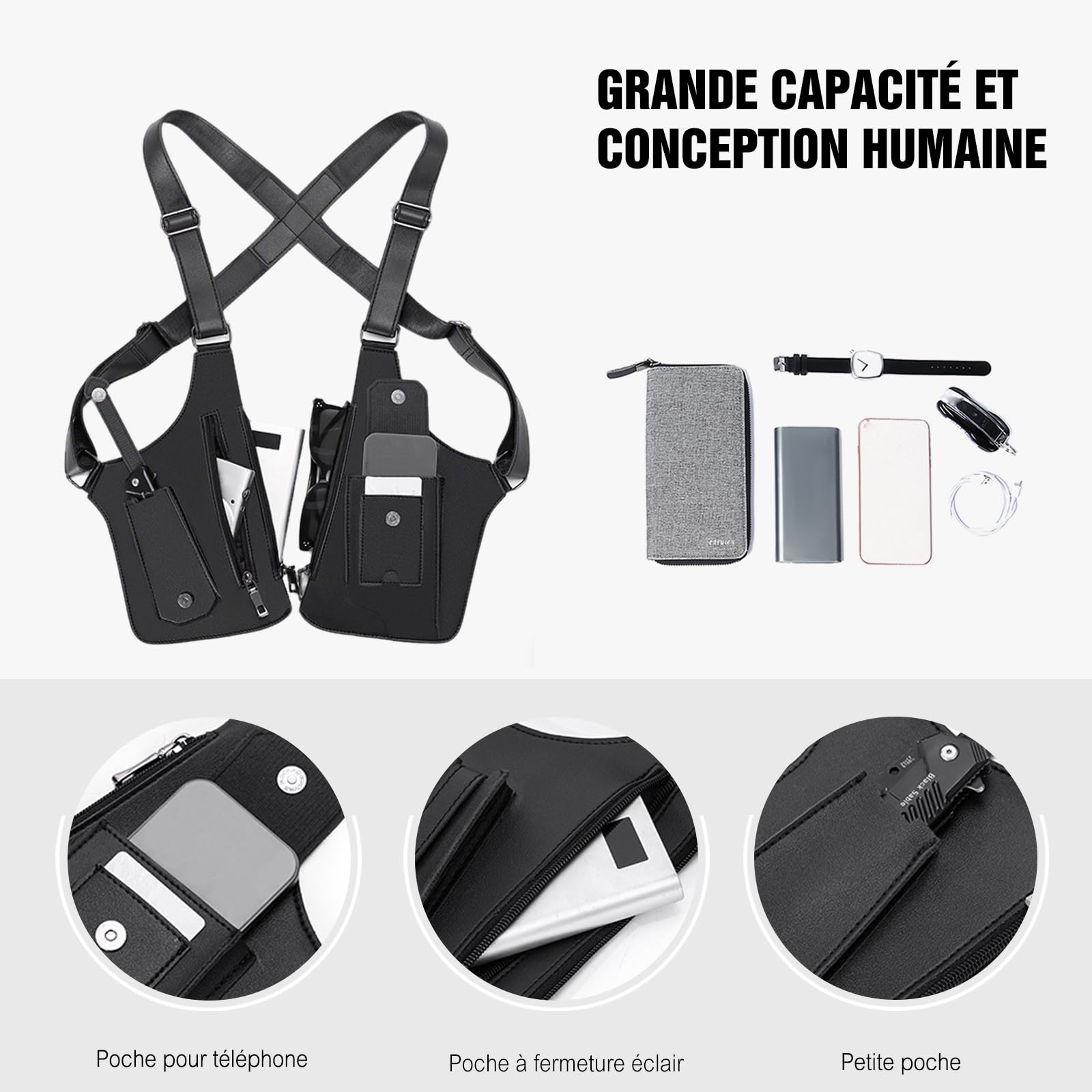 FANDARE Antivol Sac Poitrine Sac sous les bras Sacs de Double Bandoulière en cuir PU Sacoche holster d'Epaule pour Homme Femme Voyage Randonnée Vélo Camping Excursion Impermeable Sling Crossbody bag