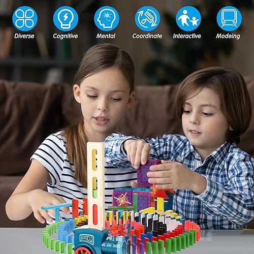 Miniatura 5 de El juego de 193 juguetes de dominó incluye 1 juguete de tren, 180 bloques de dominó de madera coloridos, 12 mecanismos de dominó, juegos automáticos