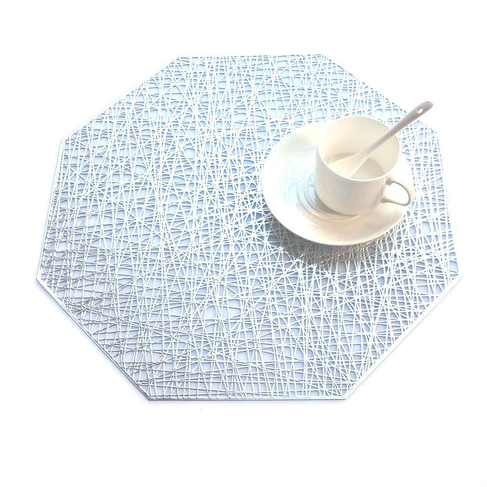 SCF2017 Octagonal PVC Placemats Hollow Table Mats Set of 6,Silver