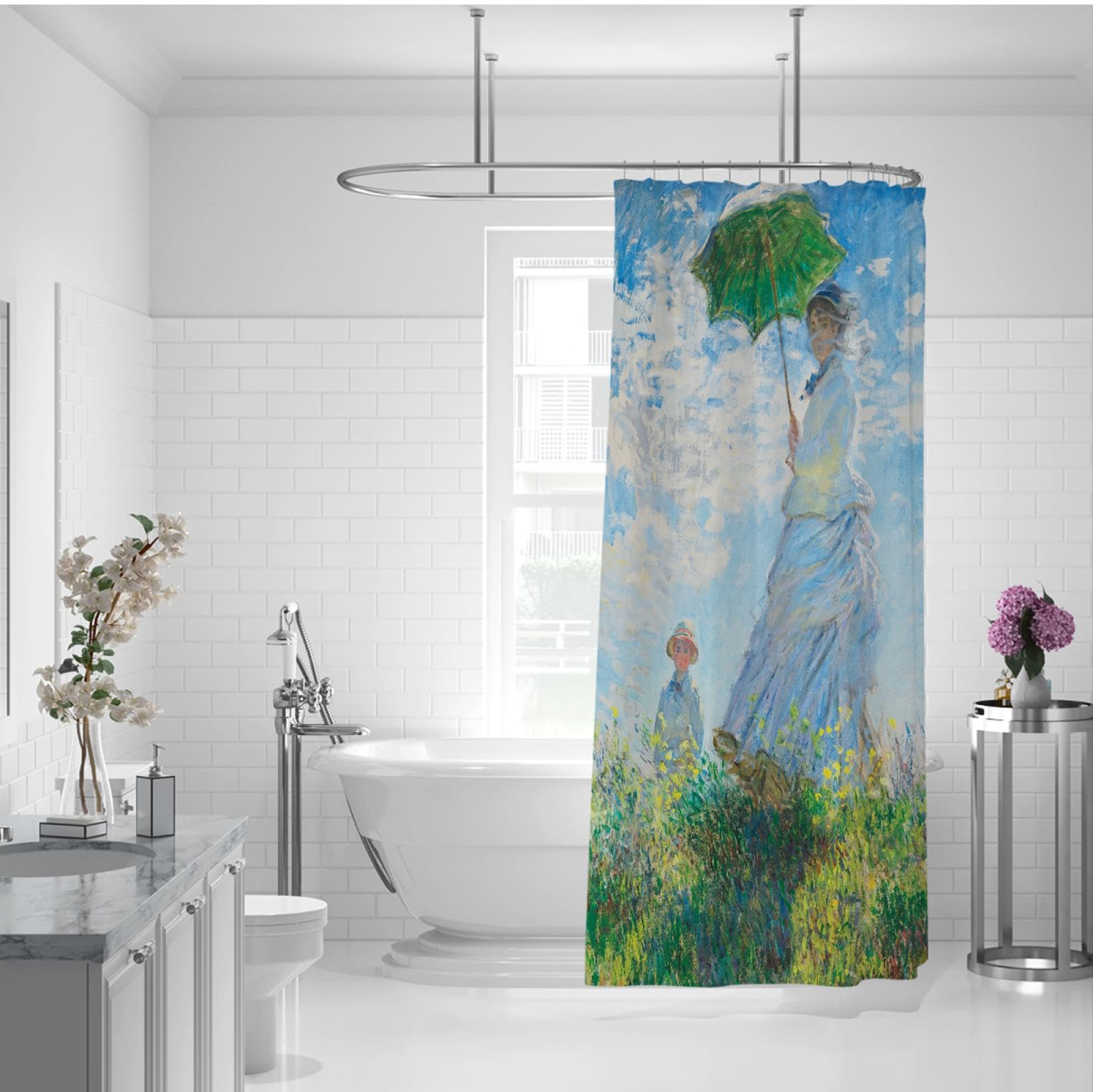 Mujer Sostiene Sombrilla Verde Conjunto de Cortina de Ducha de Tela Estampada con Ganchos Azul Cielo Campo de Flores Silvestres Cortinas de Bañera Impermeables Portátil 200Bx240Lcm