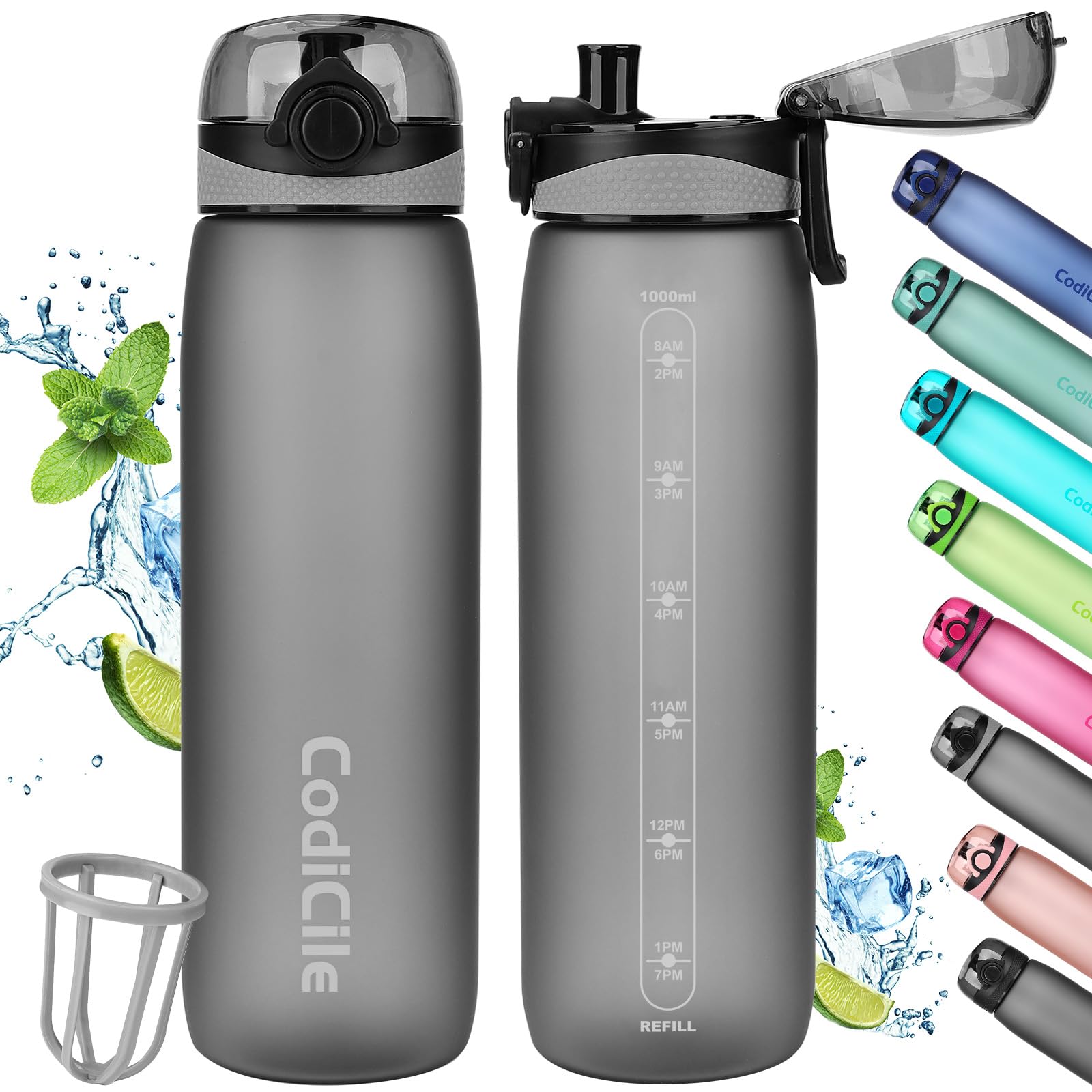 CodiCile Trinkflasche 1L, Wasserflasche 1L BPA-Frei, Auslaufsichere 1 Liter Trinkflasche, Tritan Sportflasche mit Filter für Fitness,Laufen, Schule, im Freien grau