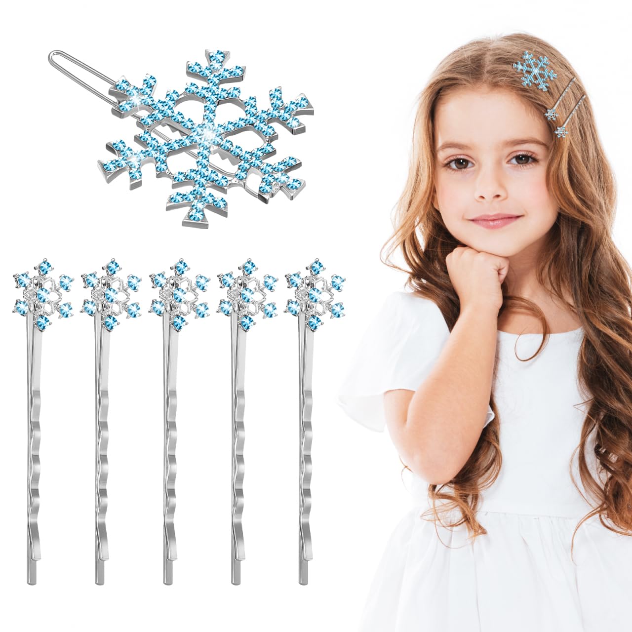 Lurrose 6pcs Snowflake Hair Clip Blue Rhinestone Decorative Metal Bobby Hair