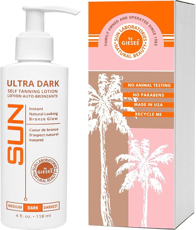 Sun Laboratories By Ultra Dark Loción autobronceadora 4 oz – Bronceador orgánico sin sol para tonos oscuros, autobronceador solar Sun Labs de larga duración, ideal para cama de bronceado y bronceado sin sol