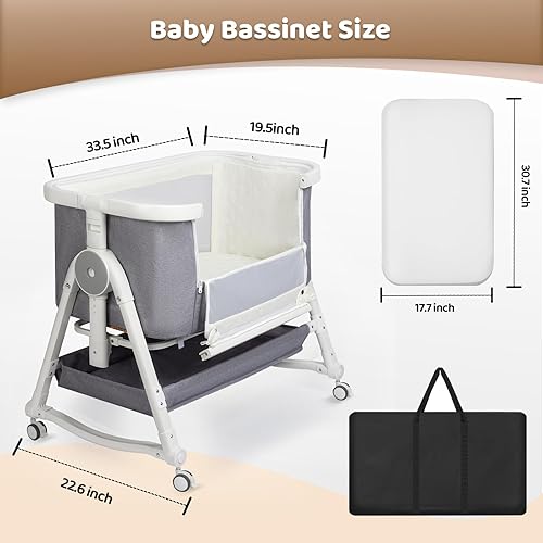 Miniatura 6 de Cuna 4 en 1, moisés con ruedas y cesta de almacenamiento, ajustable de 7 alturas con cambiador, moisés mecedor de malla transpirable para bebérecién