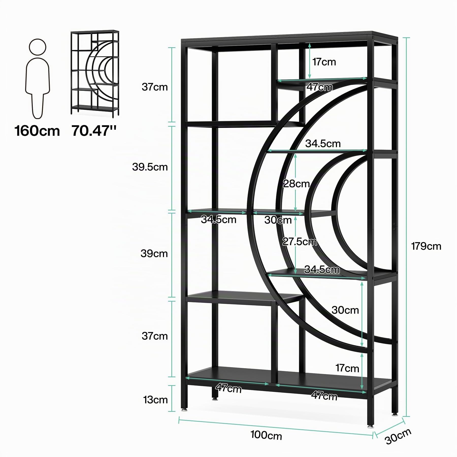 Tribesigns Estantería Geométrica de 179 cm, Estanterías Industrial de 8 Estantes, Estantería Libros Rústica con Estructura de Metal, Estanterias almacenaje Abierta para Sala de Estar (Negro, 1)