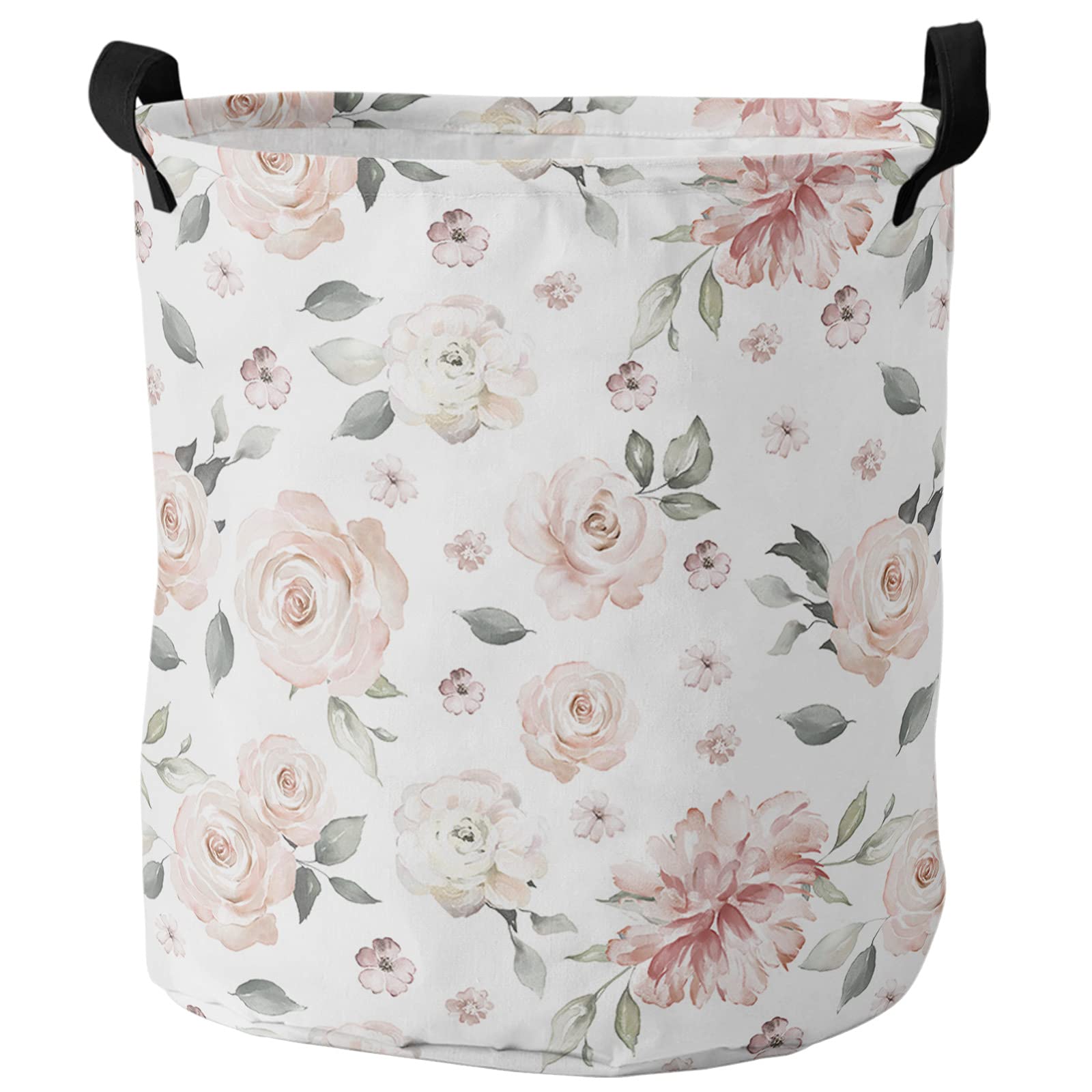 Watercolor Flowers Collapsible Laundry Hamper 16.5x17 Inch, Waterproof Freestanding Clothes Basket with Easy Carry Handles for Clothes Toys, Retro Art Pink Floral Pattern