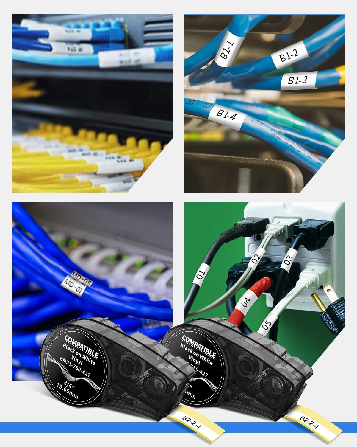 MarkDomain Etichette autolaminanti compatibili con avvolgimento filo, nero su bianco (1,9 x 14 ') per pannelli elettrici di controllo, funzionano con stampanti per etichette BMP21-PLUS, BMP21-LAB0