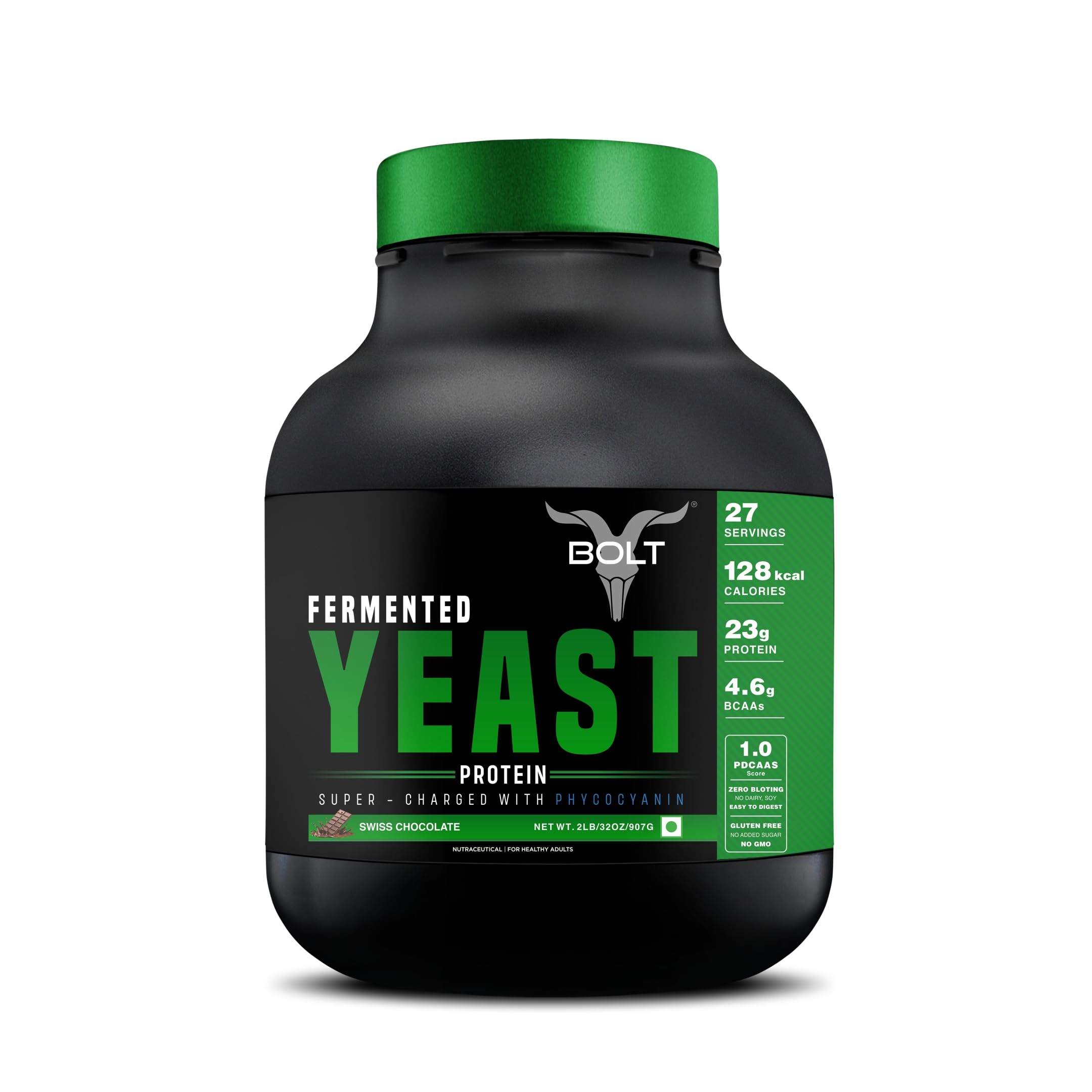 Bolt Fermented Yeast Protein 2 LB | 23g Protein |Swiss Chocolate | Fast Absorption Vegan Protein Powder | Gut Friendly | Muscle Recovery | PDCAAS of 1-image-1