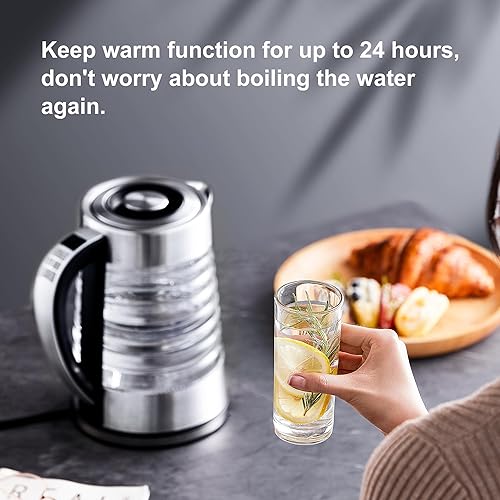 Miniatura 7 de NKOVE Tetera eléctrica de vidrio, caldera de agua con control de temperatura de 1.8L, inalámbrica con luz LED, 60 onzas, color plateado