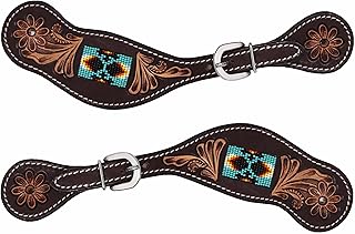 CHALLENGER Horse Western Floral Tooled Leather Beaded Inlay Cowboy Rodeo Boots Spur Straps 74188