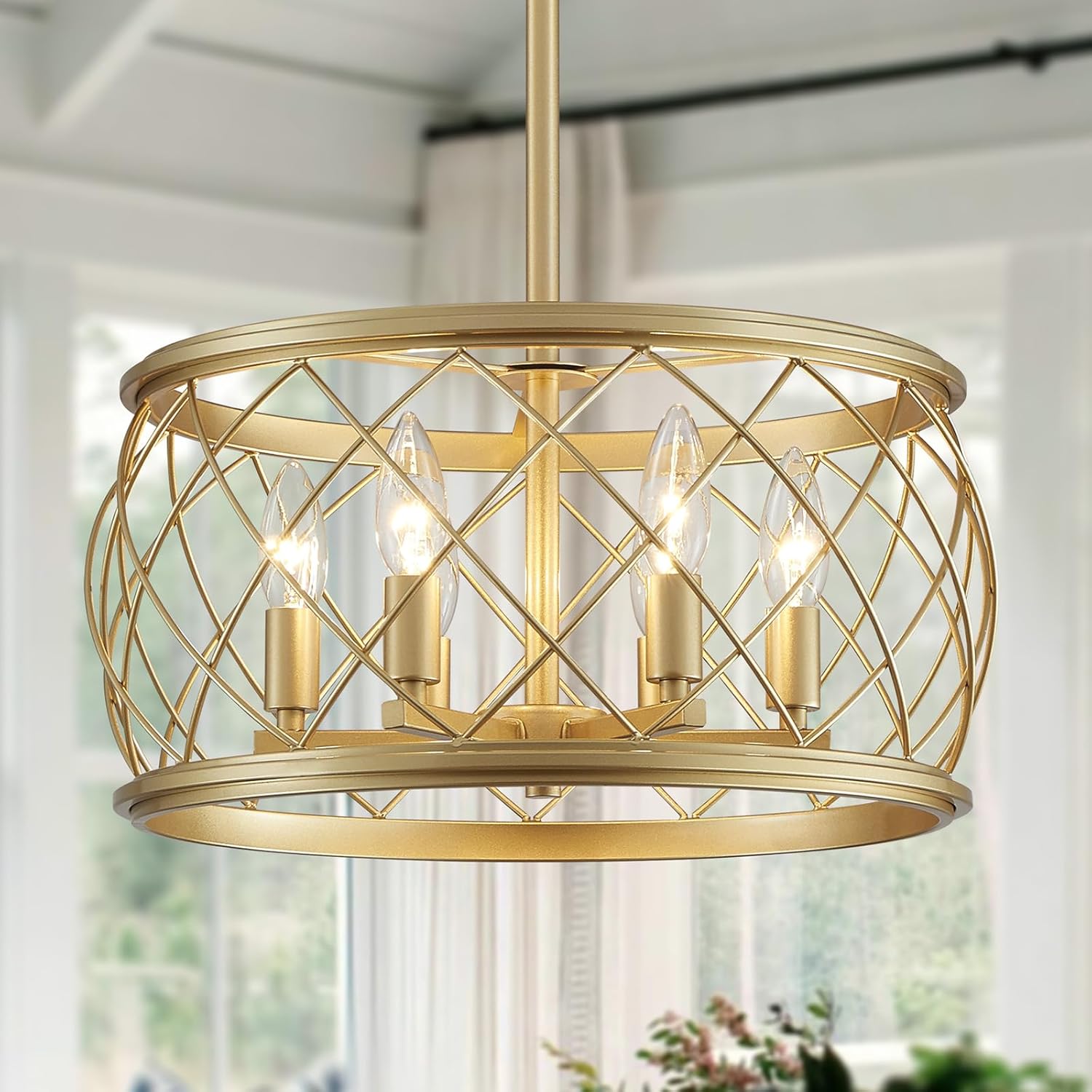 WUZUPS 6-Light Round Drum Chandelier Pendant Ceiling Lighting Rustic Farmhouse Fixture for Kitchen Island Dining Room Entry, H 7.9" x W 15.7", E12 Base, Gold