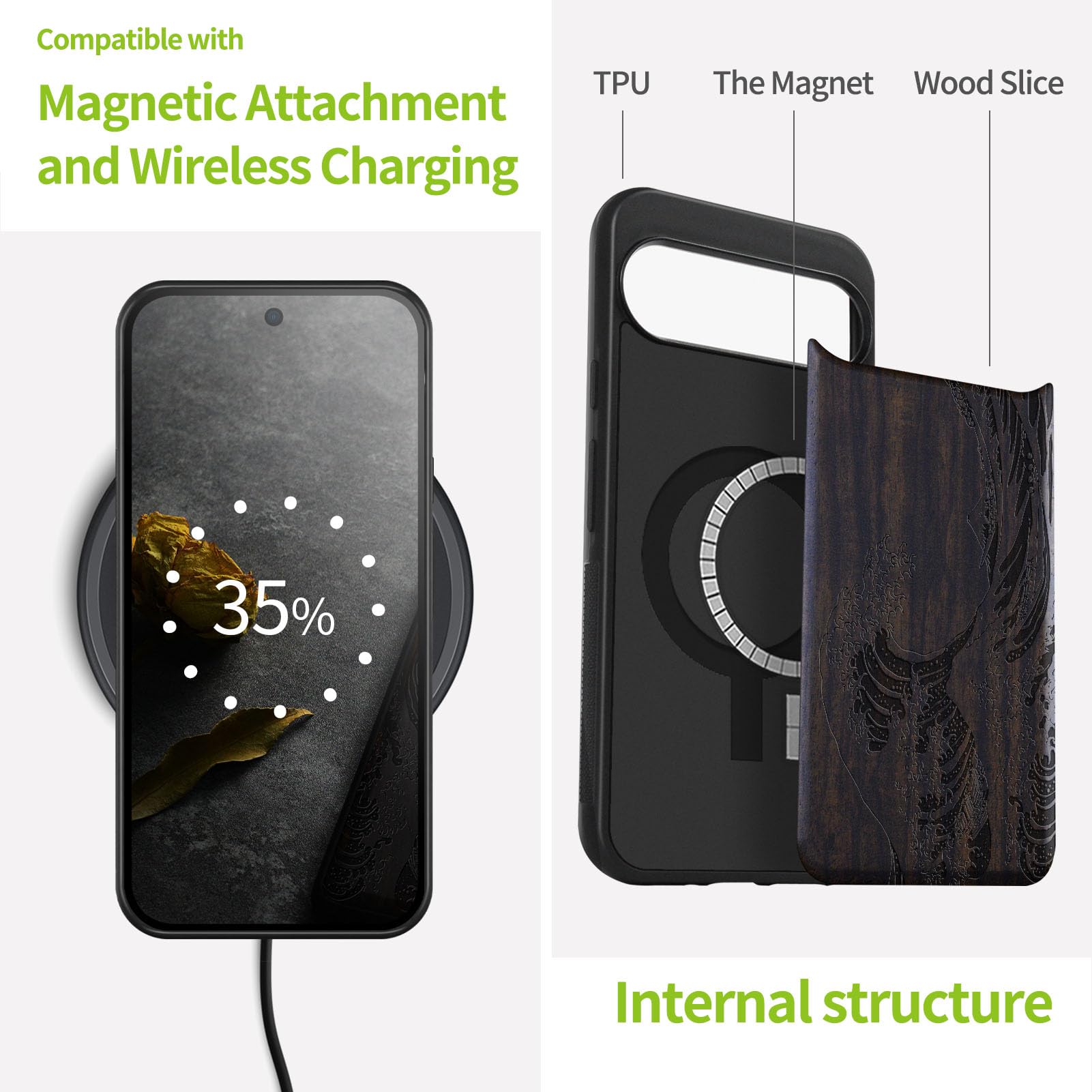 Carveit Custodia In Legno Con Magneti Per Google Pixel 9 Pro XL - Compatibile MagSafe - Incisione Laser Onde - Nero - 4