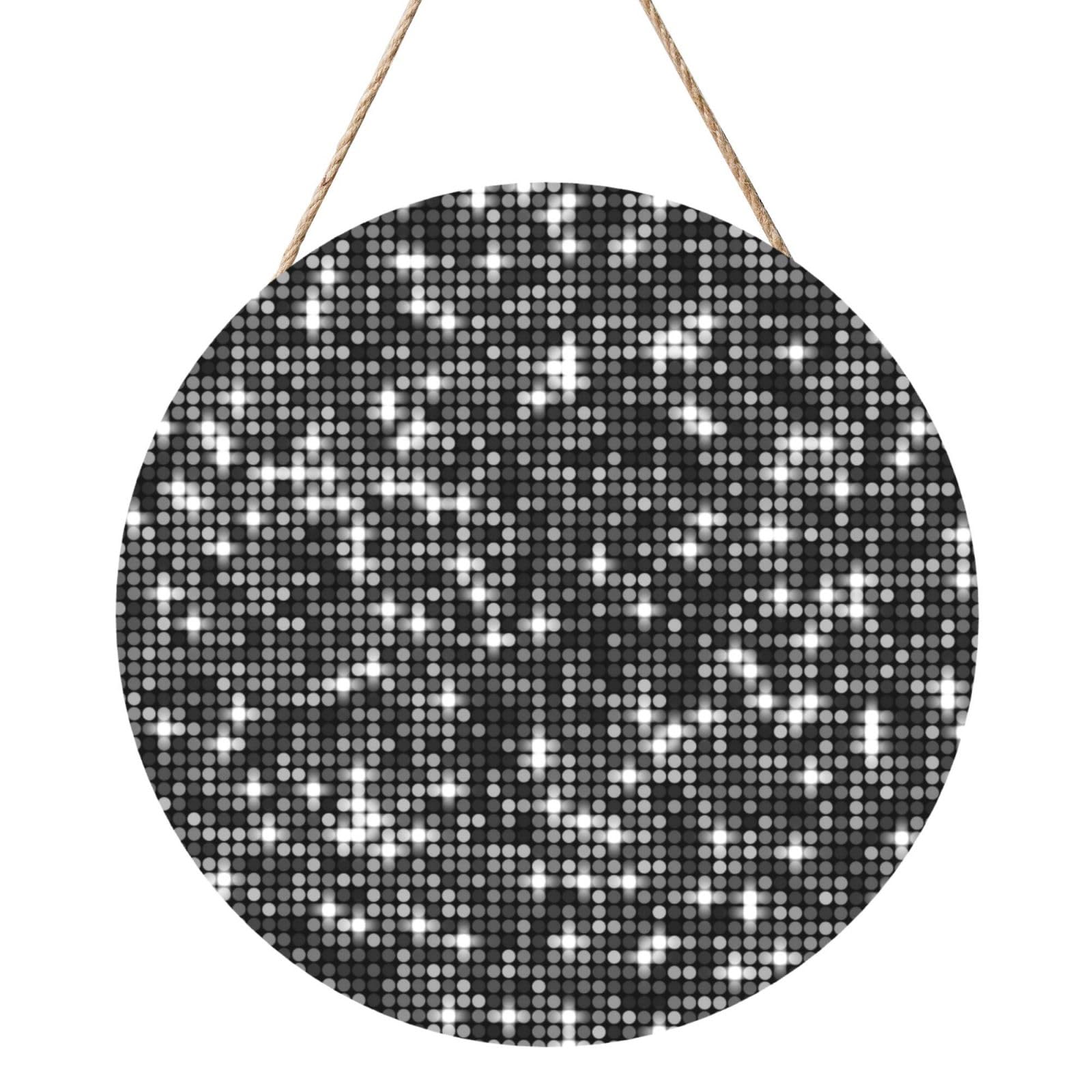 InOmak Black Silver Sequins Sparkling Elegant Pattern, Round Wood Panel Painting 12 in, Wall Hanging Painting For Home
