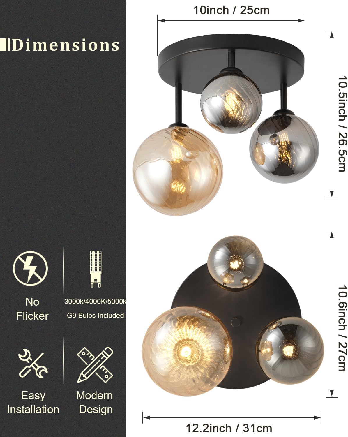 ANYLOVE Modern Chandelier 3-Light Industrial Ceiling Lights Fixture 12" Black Semi Flush Mount Ceiling Light with G9 Base Lights Fixture for Dining Room Bedroom Foyer Hallway Living Room