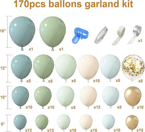 Miniatura 2 de Amandir Kit de arco de guirnalda de globos de color azul polvoriento, verde polvoriento, niebla, azul, ceniza, salvia, arena, blanco, dorado, globos