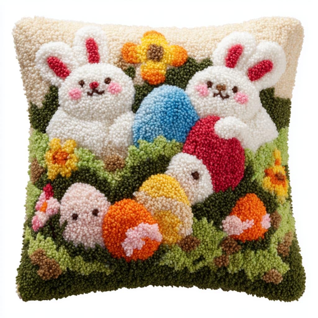 Latch Hook Cushion Kit,Rabbit Easter Egg Diy Throw Pillow Cover 43X43Cm