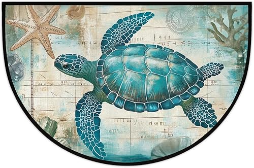 Miniatura 7 de Tapete semicircular con mapa retro de tortuga para entrada interior náutica, antideslizante, semicírculo, tapete para puerta de baño al aire libre,