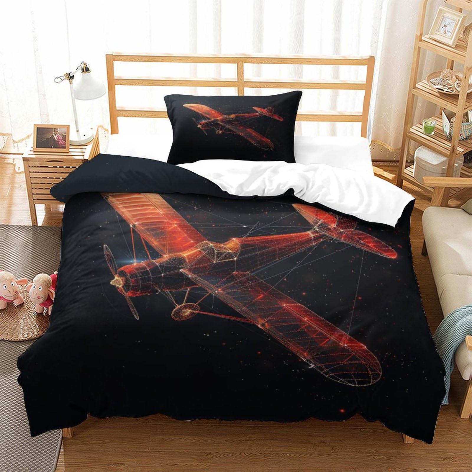 P1S9U7W5Y 3D Printed Vintage Aircraft Duvet Cover Set 3pcs Microfiber Aviation Bedding Set Single（135x200cm）