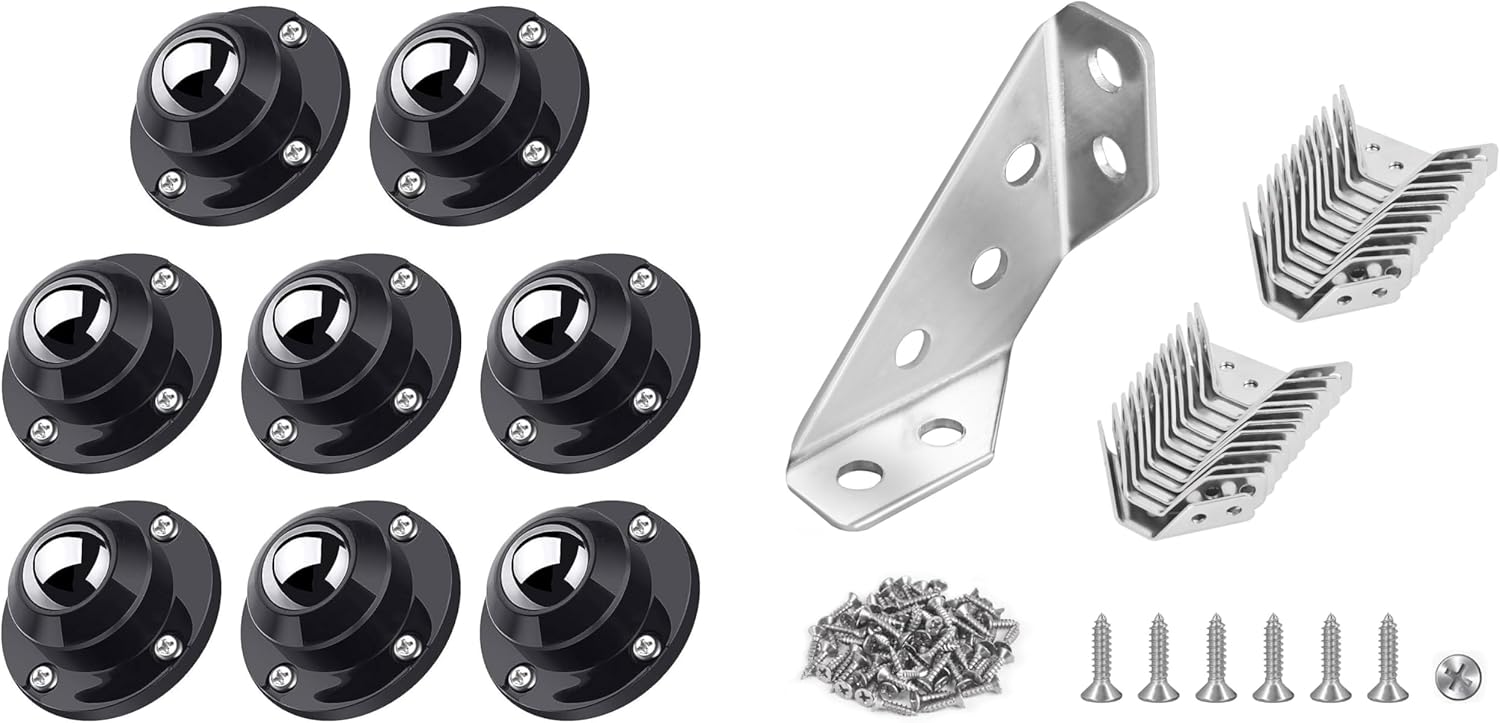 PlusRoc 8 Pack Self Adhesive Caster Wheels and 12 Pack Stainless Steel Furniture Corner Connectors