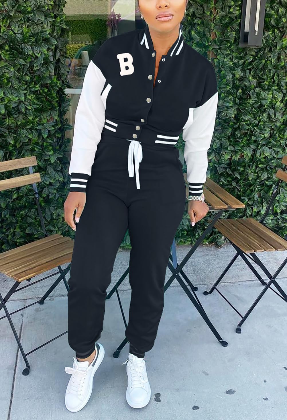 Fooullaide Women's Varsity Jacket Sweatsuit 2 Piece Tracksuit Crop Top Button Down Letterman Jackets Pants Sets