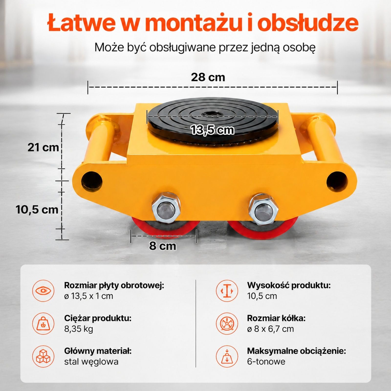 Rolki transportowe ze stali węglowej z 4 kołami PU i obrotową płytą do transportu mebli