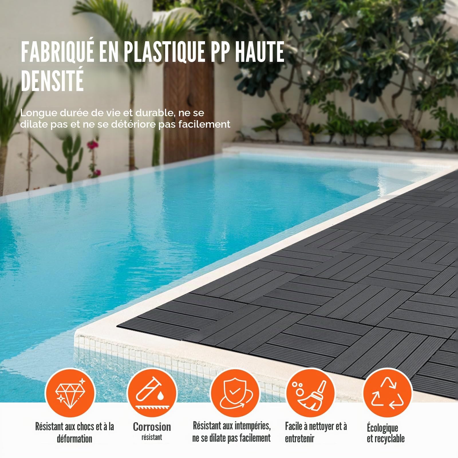 VEVOR Dalles de Terrasse Emboîtables, Lot de 54, Revêtement de Sol Plastique Imperméable, 300 x 300 mm, 50166 c㎡, Utilisation par Tous les Temps, pour Porche, Piscine, Balcon, Arrière-cour, Gris Foncé
