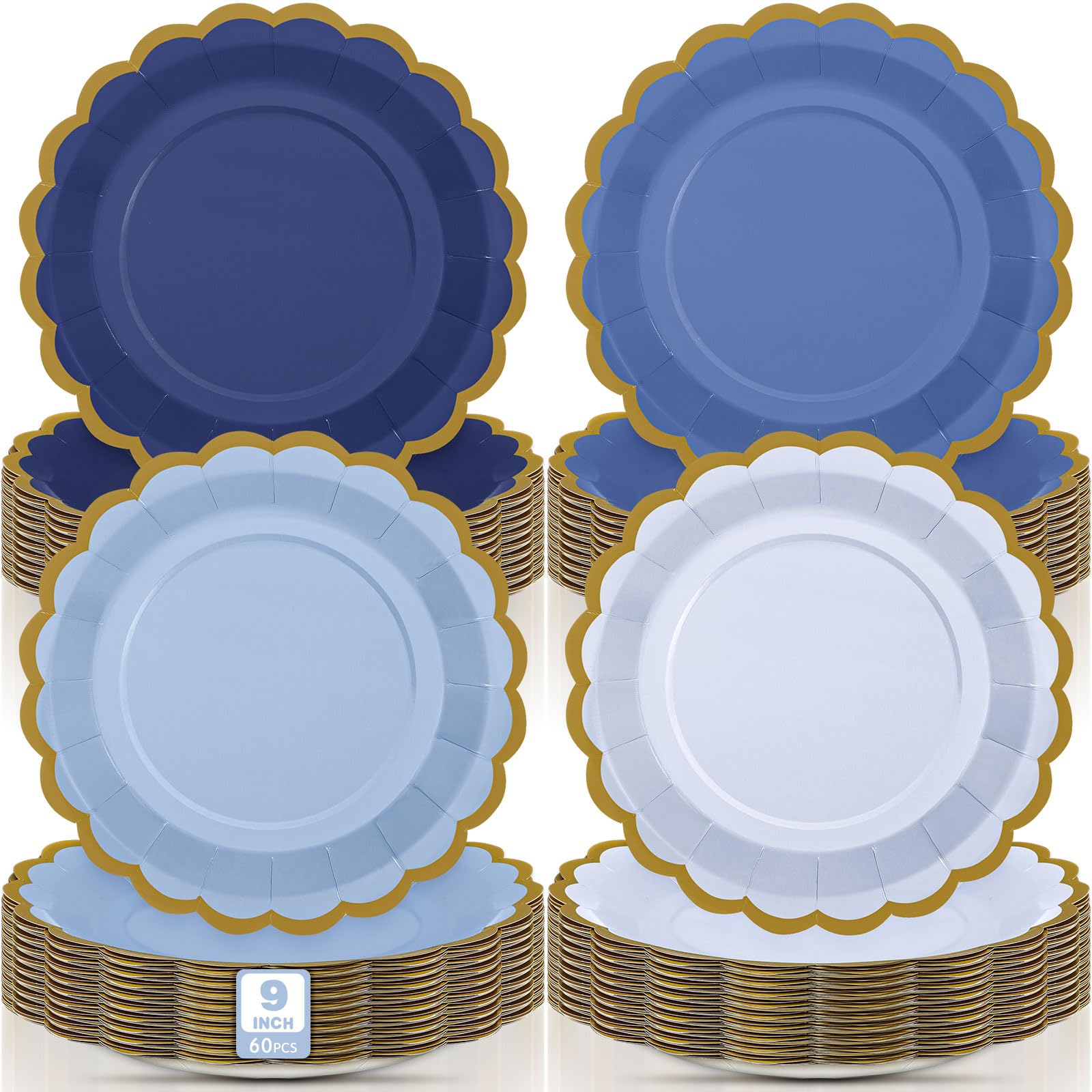 Tiangrid 120 Pcs Gradient Blue Paper Party Plates 9 Inch Scalloped Disposable Dessert Plates for Coquette Bridal Pink Bow Gender Reveal Wedding