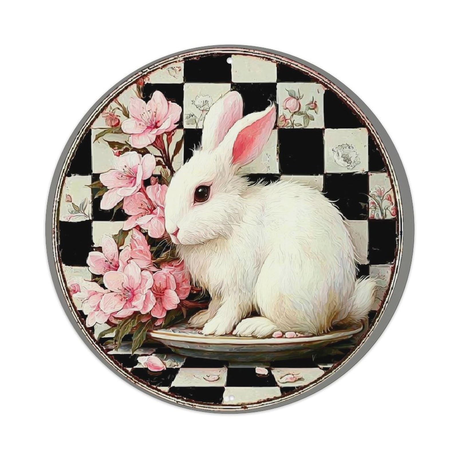 Checkerboard Flowers Rabbit Plate Art Vintage Round Tin Sign Retro Metal Wall Decor Metal Poster, Home Bar Garage Cafe Wall Art Decoration 8x8Inches