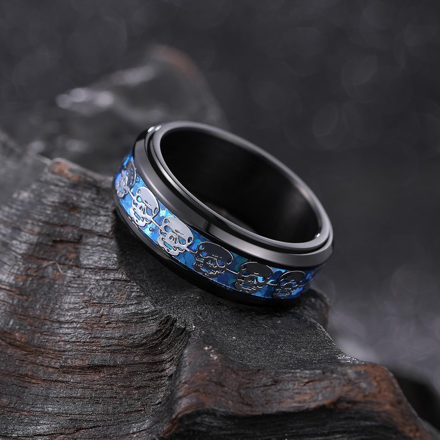 King Will 316L Stainless Steel Spinner Ring for Men Women-8mm Wedding Band wirh Red Skull/Spider Pattern in Black/Sliver Plated Comfort Fit Spinner Fidget Wedding Ring Size 7-14