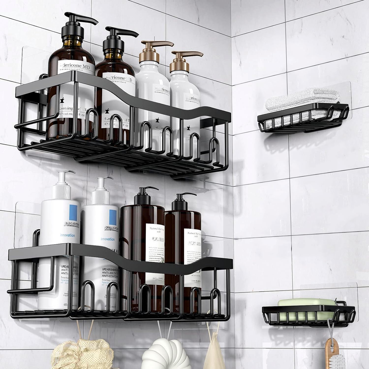 JD FRESH 4-in-1 Self Adhesive Bathroom Shelf Combo/Drill-Free Wall Mounted Organizer/Rust-Proof Metal Storage Rack with Soap& Toothbrush Holder/Multipurpose Bathroom Accessories Alloy Steel (Black)-image-41
