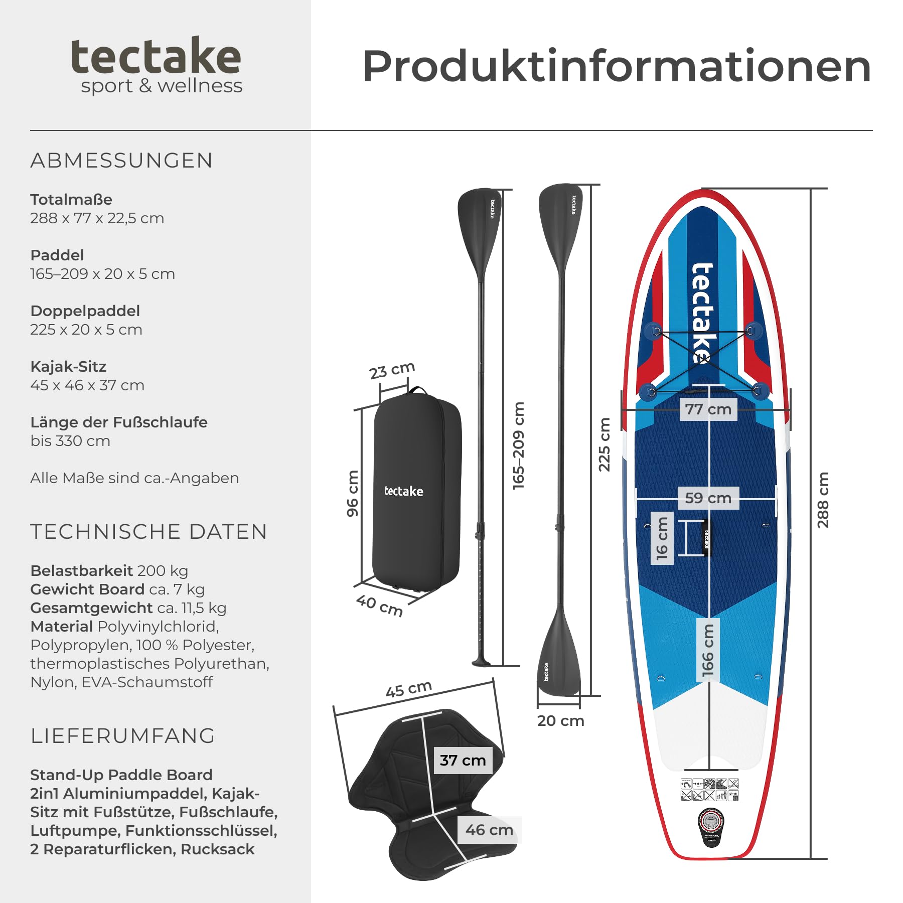 tectake® 2in1 Stand Up Paddle Board, mit Sitz als Kajak nutzbar, SUP aufblasbar, mit Pumpe, 3 Finnen, Rucksack, Doppelpaddel, Paddel, komplettes Zubehör, bis 200 kg belastbar - rot/blau