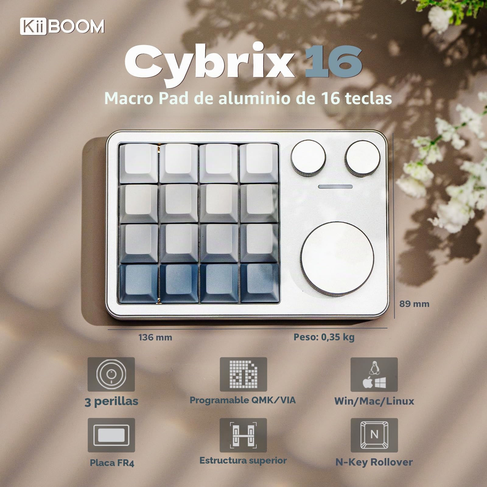 KiiBoom Cybrix 16 VIA Programable Macro Pad - 16 Teclas + 3 Botones Numpad Type-C de Aluminio, PCB Hot-Swappable PCB, RGB Keyboard, Teclado numérico ligero y portátil para Windows y Mac (Plata)