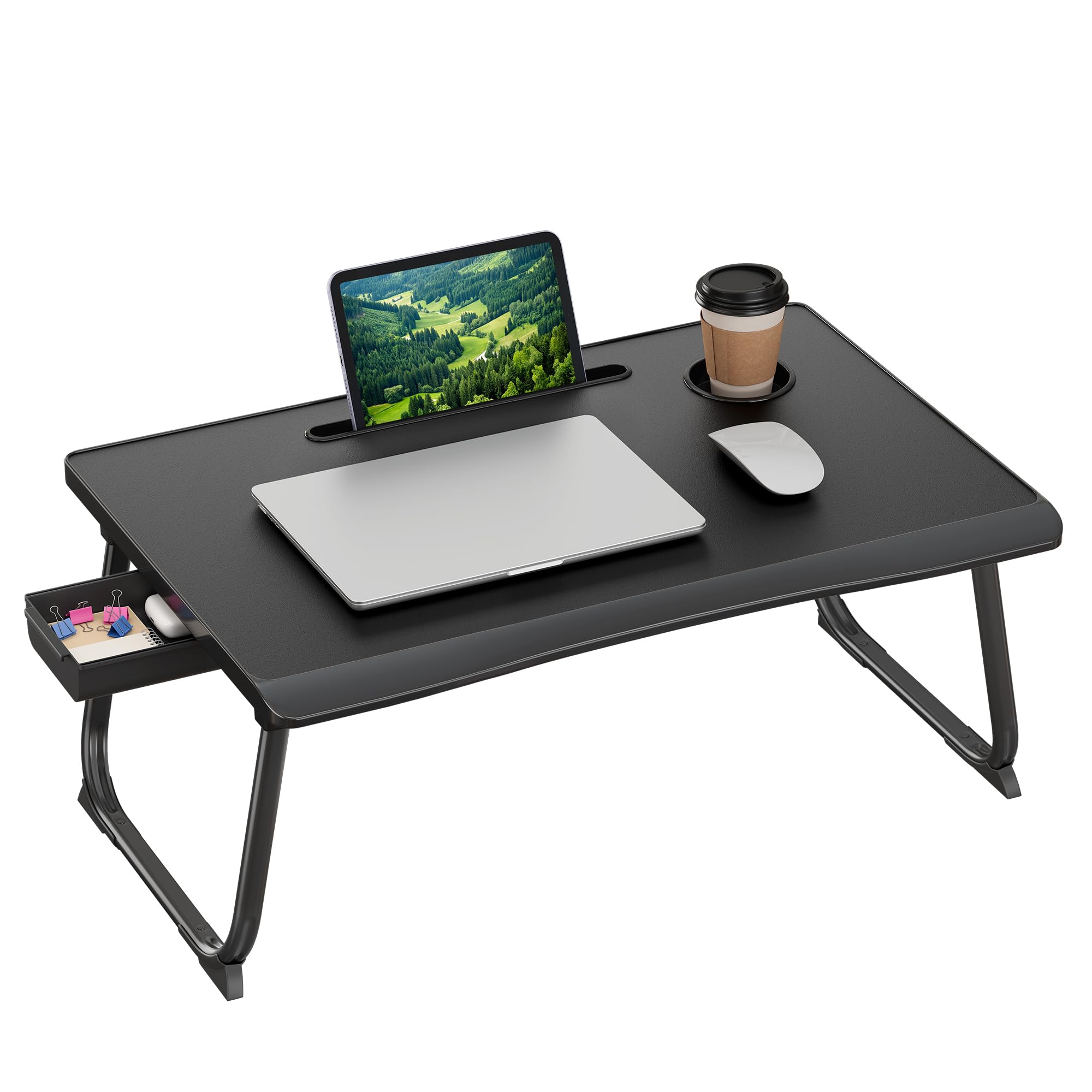 SONGMICS Tavolino da Letto, Porta PC Pieghevole, 60 x 40 x 27 cm | Scrivania Salvaspazio Richiudibile, Porta Tablet da Letto, Nero Inchiostro, Barden LLD120B101