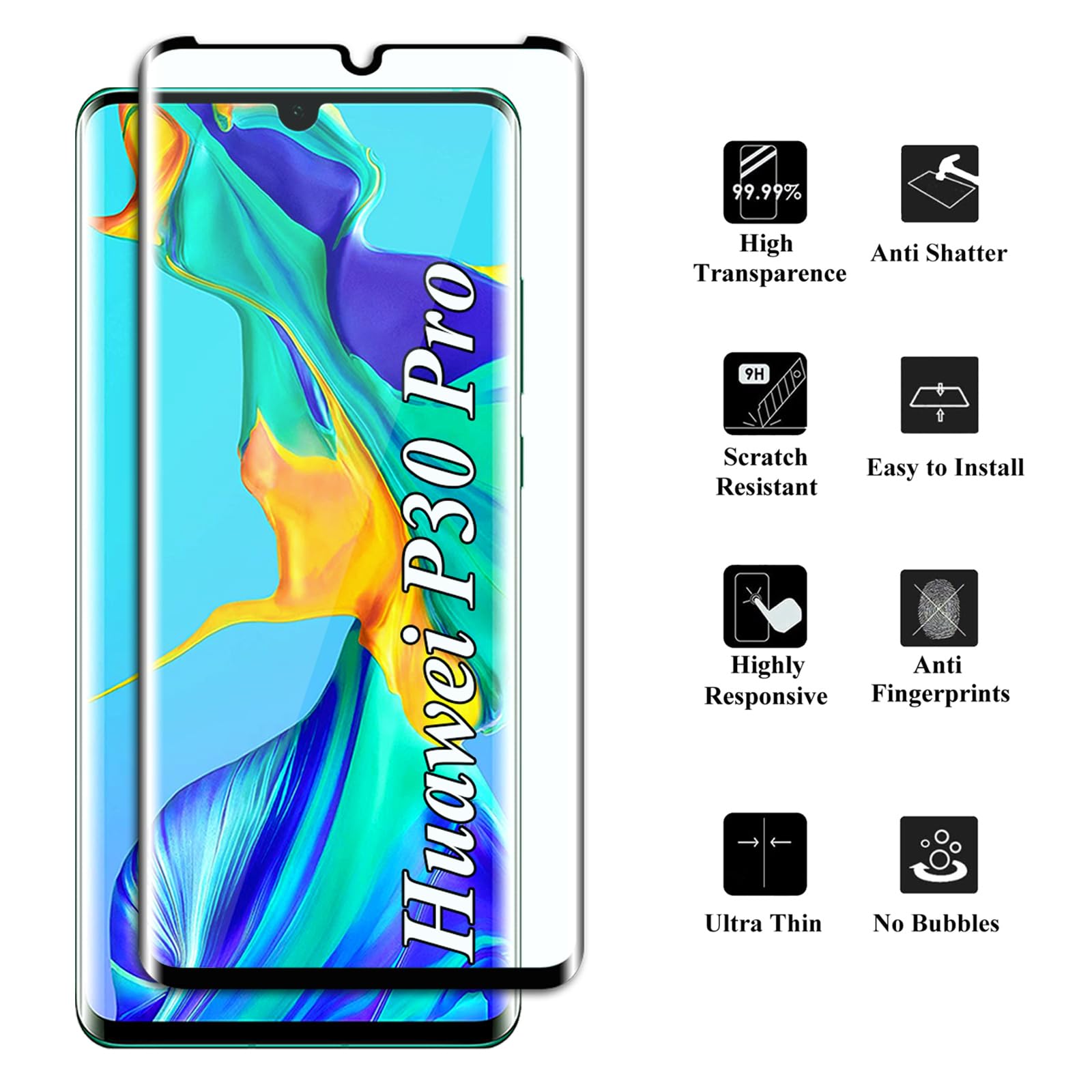 Proteggi Schermo Per Huawei P30 Pro: Vetro Temperato 3D Curvo 9H (2 Pezzi, Nero) - 4