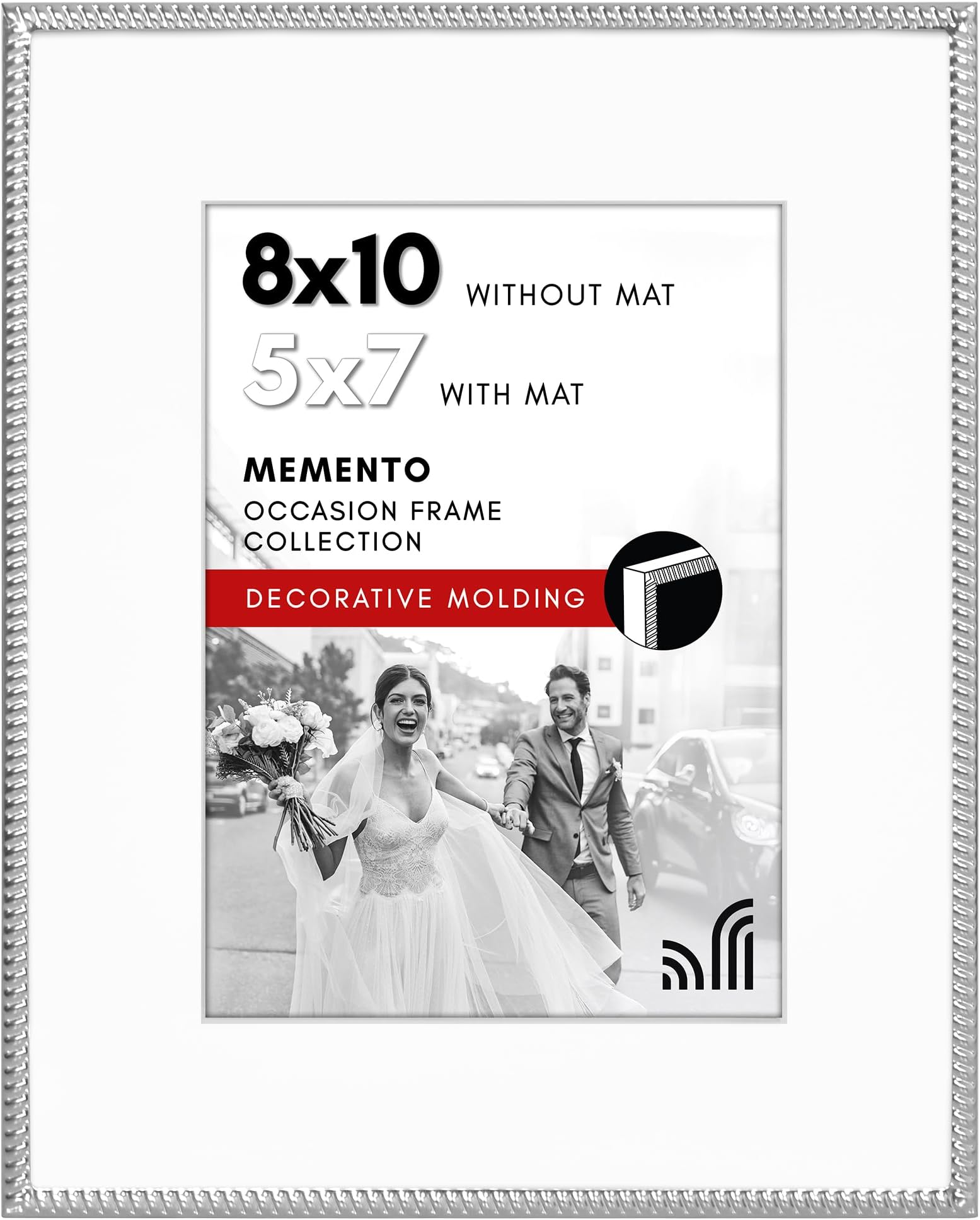 8x10 Metal Picture Frame With Rope-Style Detailing and Shatter-Resistant Glass - Use as 5x7 Frame with Mat or Display 8x10 Photo Without Mat - Picture Frames for Tabletop or Wall - Silver