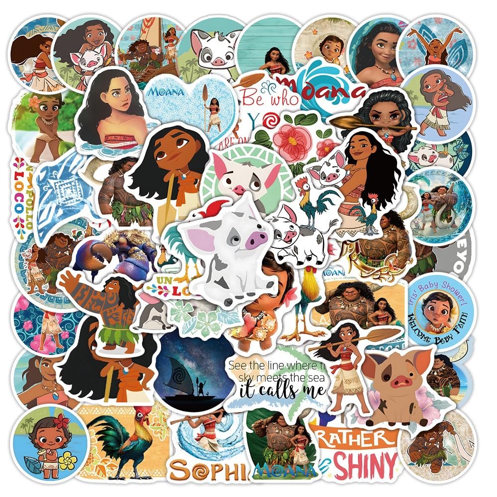 50Pcs Cartoon Stickers of Moana for Laptop Hydroflask Luggage Skateboard Bike Car Bumper Water Bottle Refrigerator Doll Wall Window Decoration