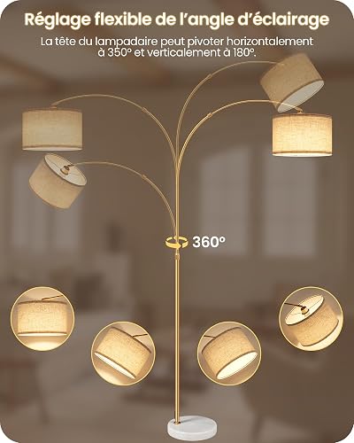 GOEBLESON Lampadaire de salon arc, lampe arquée réglable en hauteur de 158 à 188 cm, lampadaire à intensité variable avec télécommande, avec ampoule LED, beige noir, pour chambre à coucher - 4