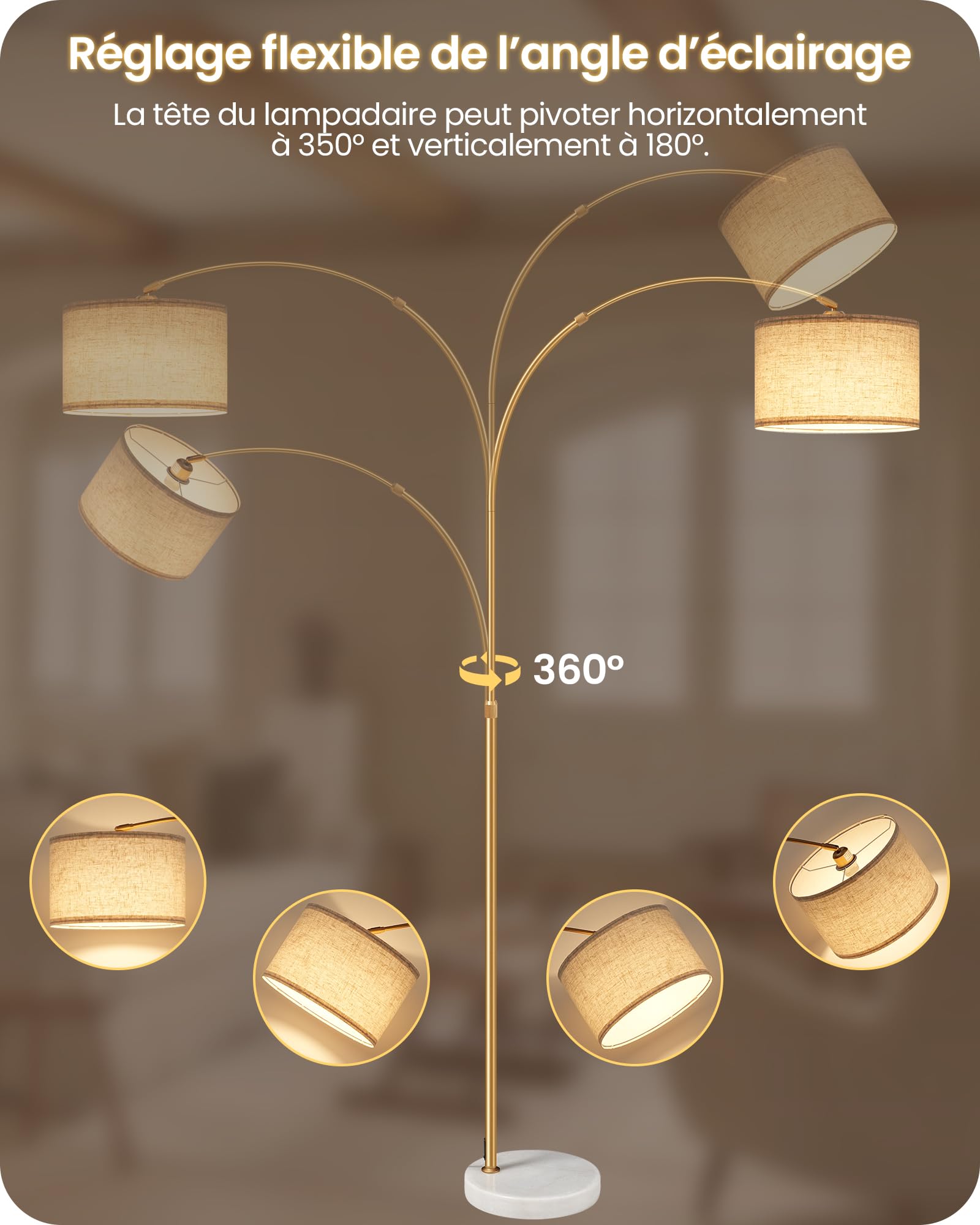 Lampadaire sur pied de salon arc, or beige, pour chambre | lampe arquée réglable en hauteur de 158 à 188 cm, Socle en marbre stable, à intensité variable avec télécommande, ampoule