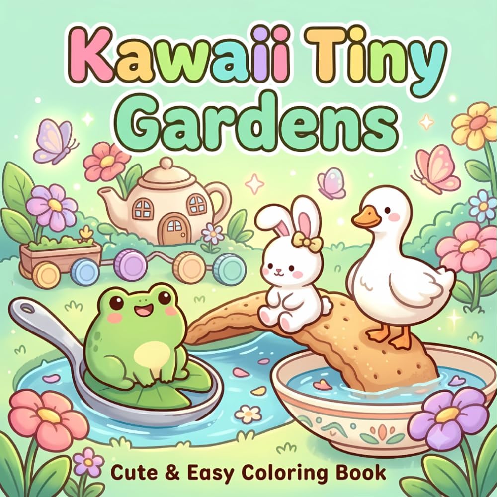 Kawaii Tiny Gardens Coloring Book: Coloring Pages for Garden Scenes Lovers | Into Gardens, Frog Bunny Goose | 8.5x8.5 inches, 104 Pages | Cute Animals