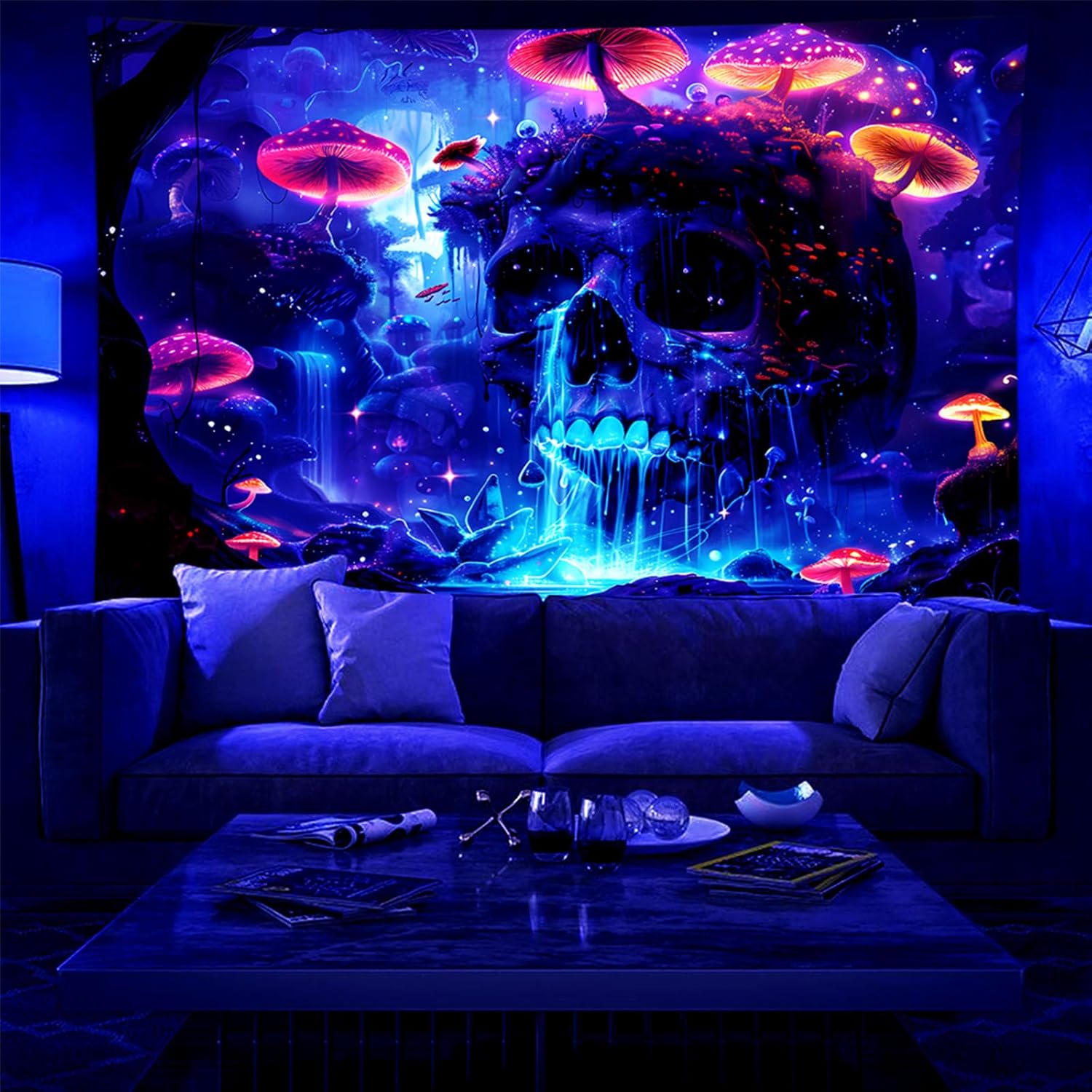 TUGCAY Blacklight Mushroom Skull Tapestry Skeleton Tapestry UV Reactive Waterfall Landscape Tapestries Glow in the Dark Horror Forest Tree Plant Wall Decor for Bedroom Living Room 70.9 x 90.6 inches