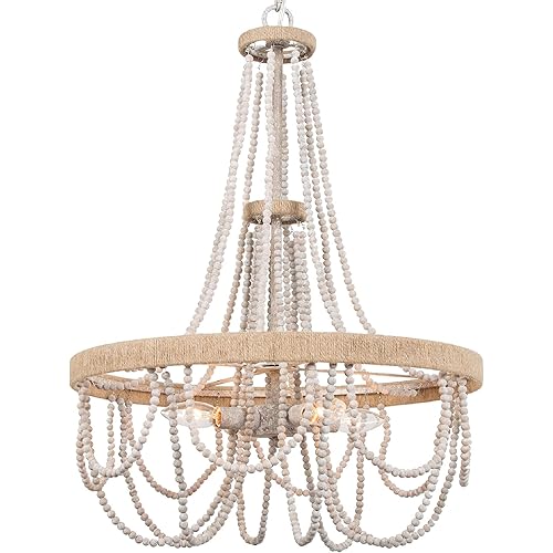 Farmhouse Chandelier for Dining Room, 4-Light Boho Light Fixture with Hemp Ropes, Handmade Distressed Wood Beads, 19” W x 26” H