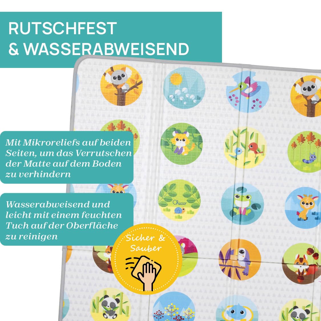 Chicco Krabbelmatte Baby, Extra groß, 200x180 cm, Stärke 1.3 cm, wenbare Spielmatte Baby, mit Tieren und Landschaft, Double Face, faltbar, Superweich und farbenfrohes, für das Kinderzimmer, 0+ Monate