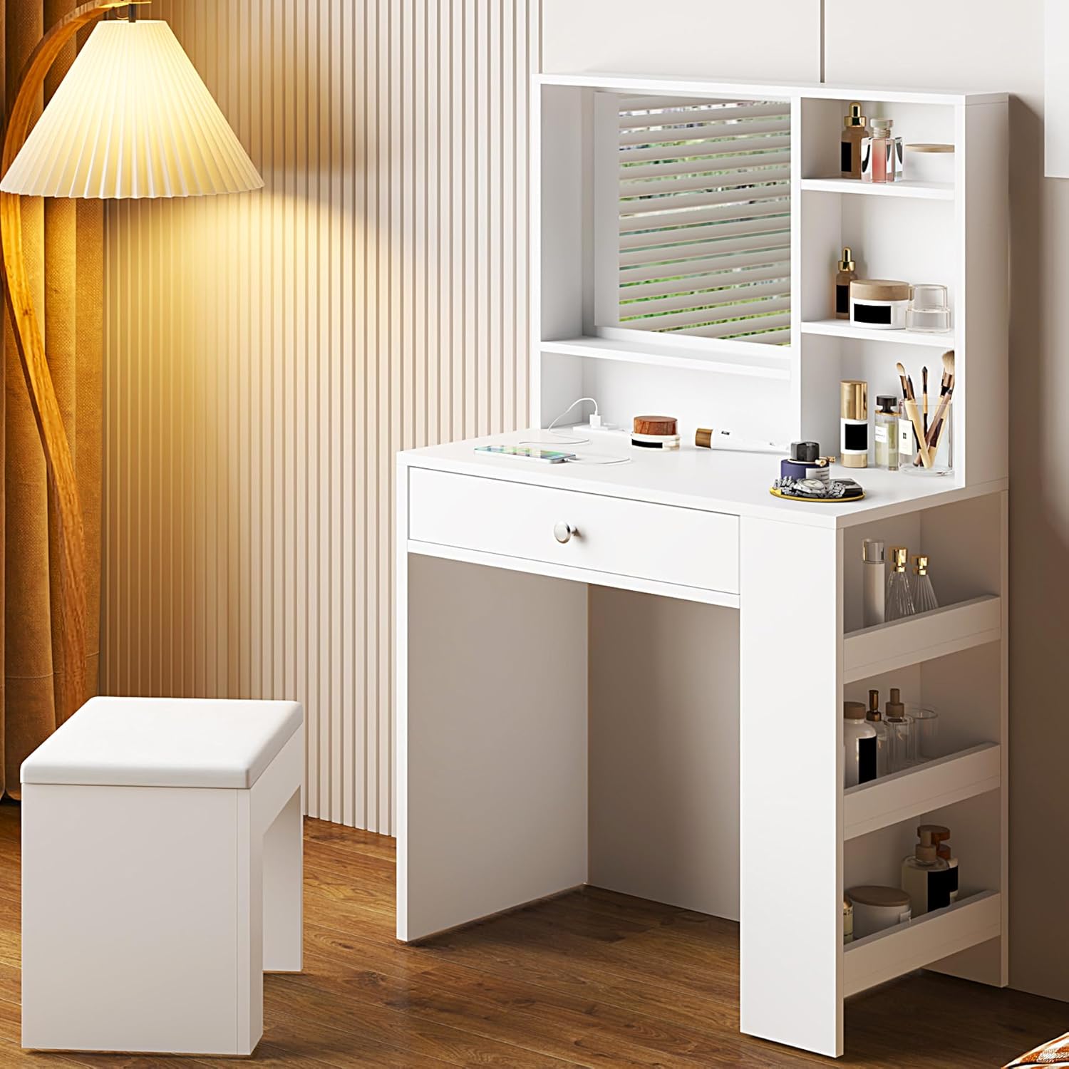 SogesHome Makeup Vanity Desk Set with Mirror and Drawer,White Dressing
