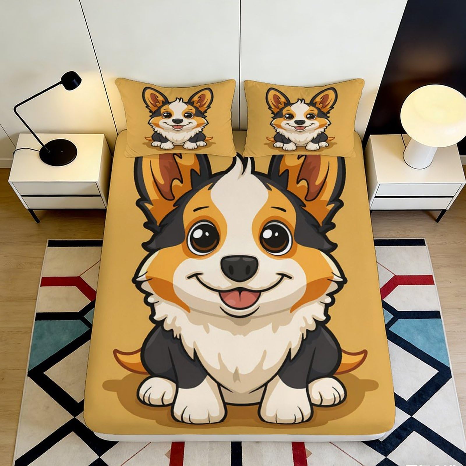 3D Printed Cute Corgi Fitted Sheet Microfiber Soft Breathable Cartoon Dog Bed Cover for Bedroom Dorm Protection Decor 120x200x25cm