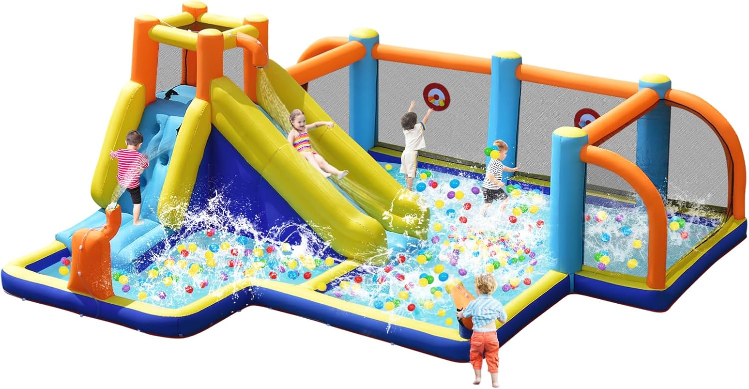 HONEY JOY Inflatable Water Slide, Giant Soccer Water Park Bounce House w/Goals for Outdoor, Splash Pool, Climbing, Blow Up Water Slides Inflatables for Kids and Adults Backyard(Without Blower)