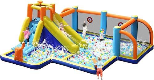 Vista 28 de HONEY JOY Tobogán acuático inflable, parque acuático gigante con porterías de fútbol para exteriores, piscina, escalada, toboganes acuáticos
