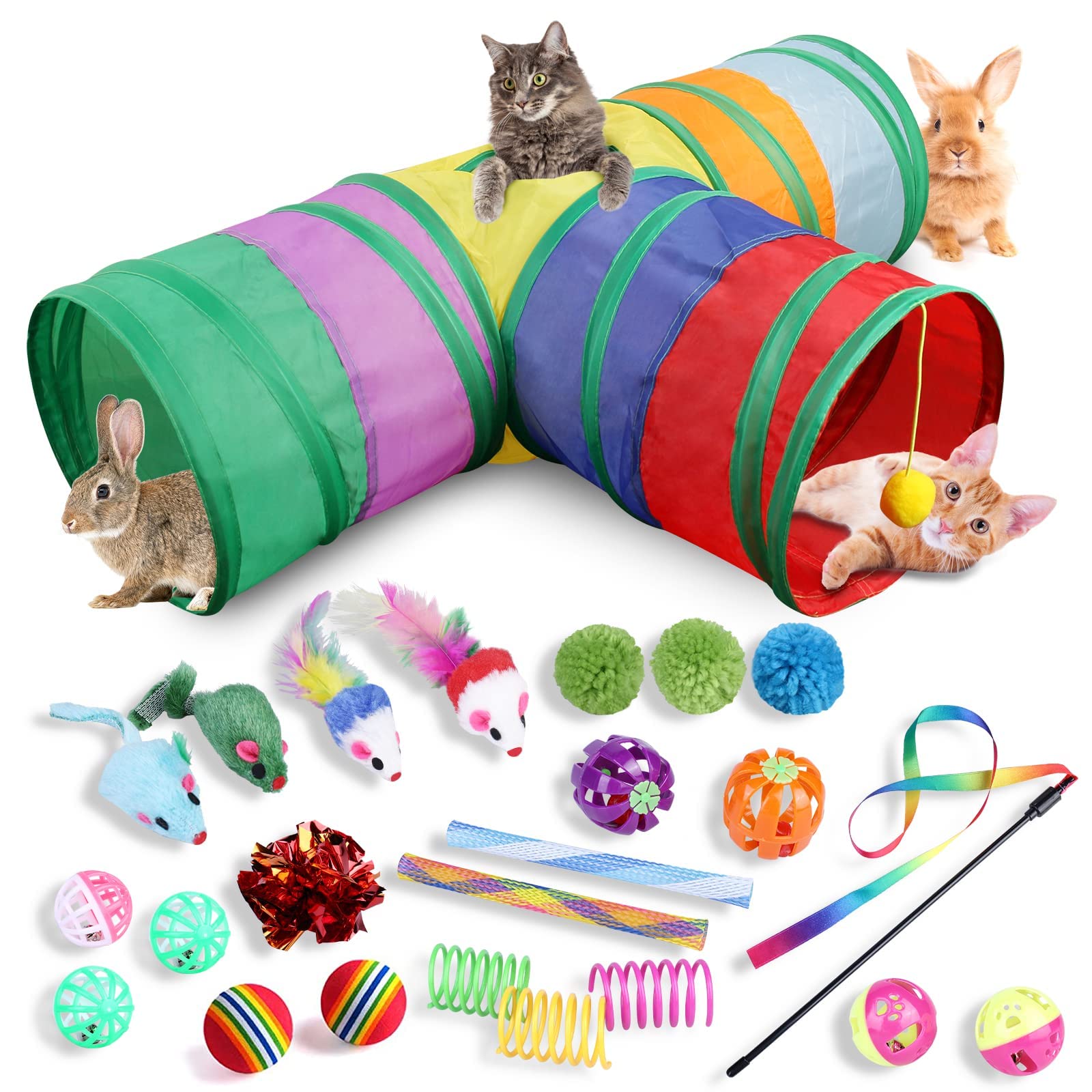 Juego de Juguetes para Gatos, 24 Unidades, túnel de Gato de 3 vías, túnel de Conejo Plegable con Bolas de Gatos, Juguetes de Plumas, Ratones de Juguete, Juguete Interactivo para Gatos